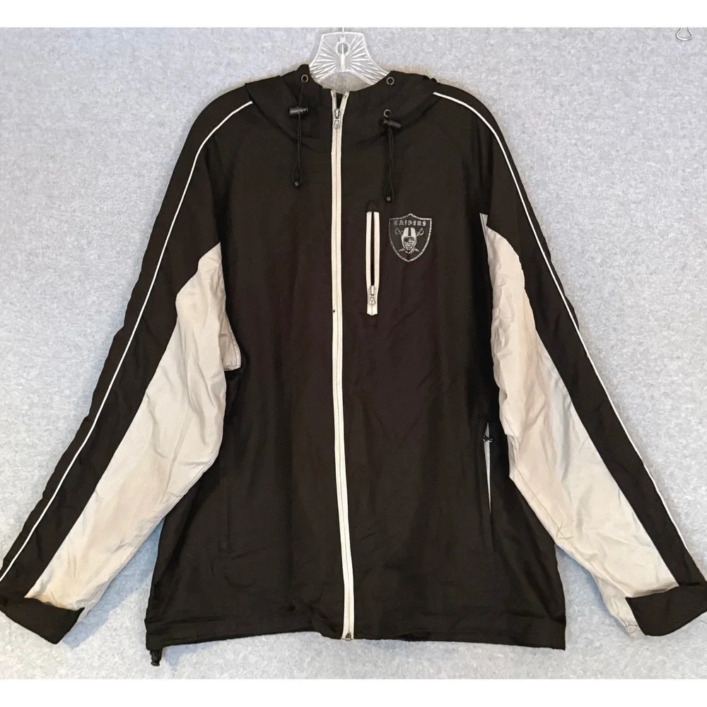 NFL Raiders Windbreaker Hoodie Jacket Mens XL Black White Full Zip Logo is Faded